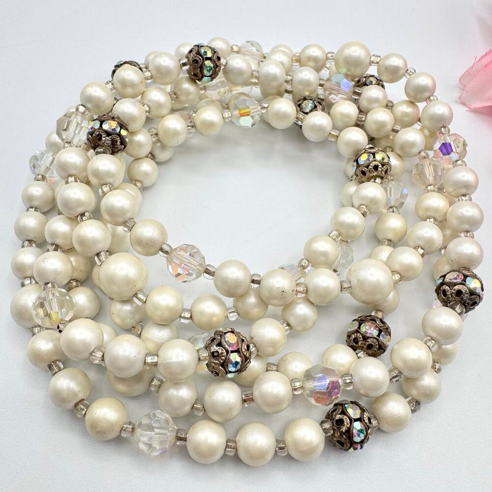 Vintage Judy Lee Long Faux Pearl AB Filigree Bead Single Strand Necklace Flapper
